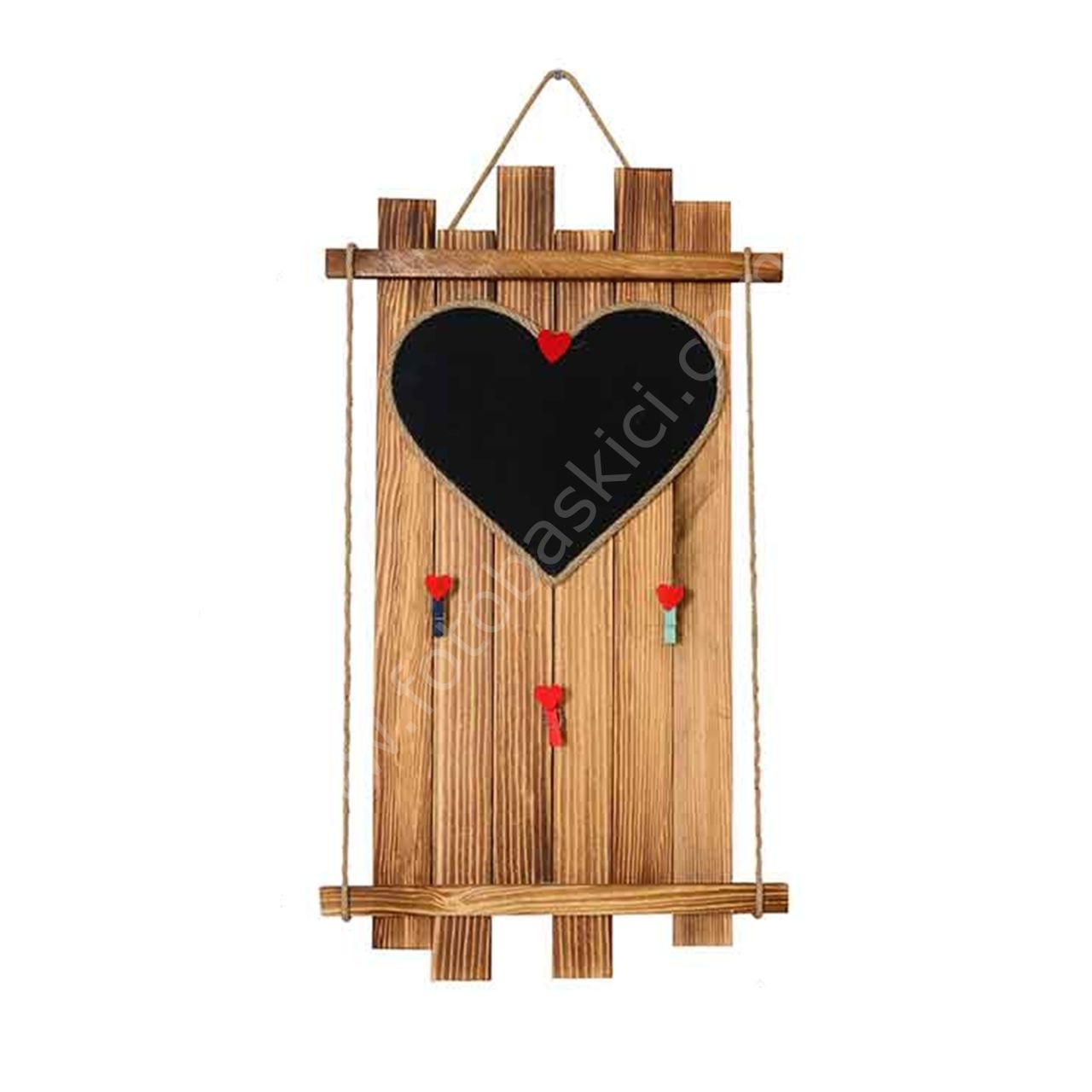 Kalp Kara Tahtalı ve Mandallı Ahşap Fotoğraf Çerçevesi  23x54 cm