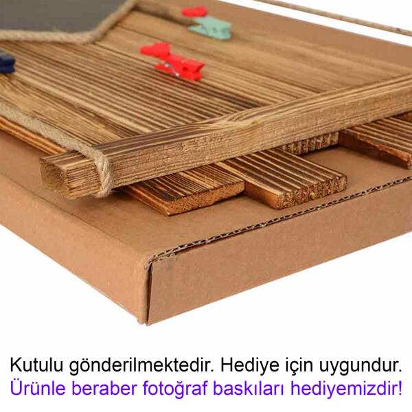 Kalp Kara Tahtalı ve Mandallı Ahşap Fotoğraf Çerçevesi  23x54 cm