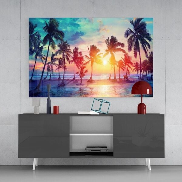 Günbatımı ve Palmiyeler Cam Tablo