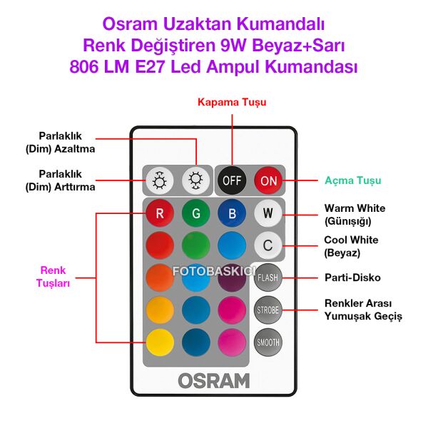 Osram Uzaktan Kumandalı Renk Değiştiren 9W 806 LM E27 Led Ampul (Yeni Model)