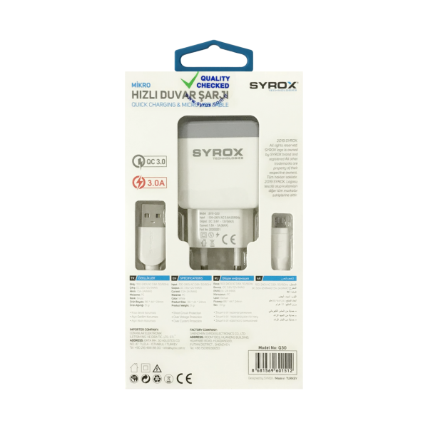 Syrox Q30 MicroUSB Girişli 3.0 Amper Hızlı Şarj Aleti Beyaz-Gri