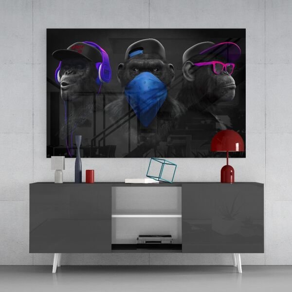 Üç Bilge Maymun Cam Tablo