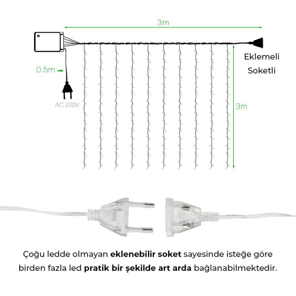 3x3 Metre Şeffaf Kablolu Fişli Animasyonlu Perde Led Işık