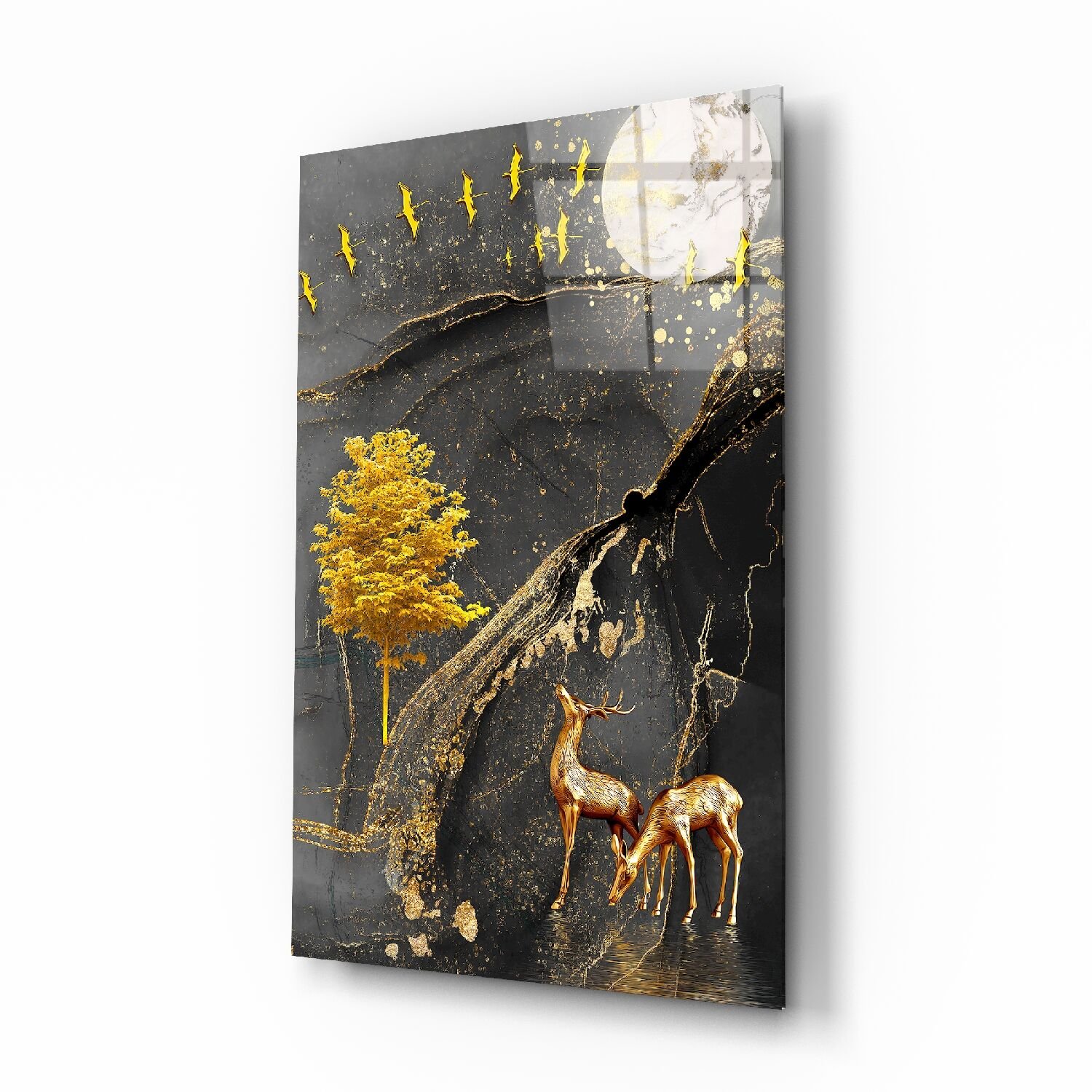 Altın Ağaç ve Ceylan Cam Tablo