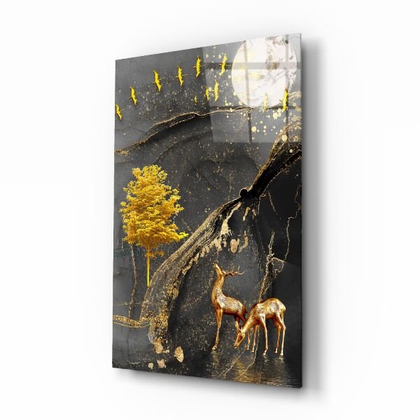 Altın Ağaç ve Ceylan Cam Tablo