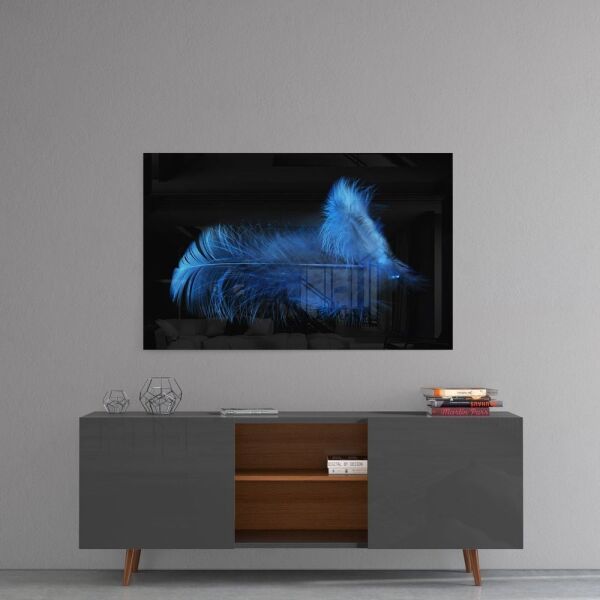 Mavi Kuş Tüyü Cam Tablo