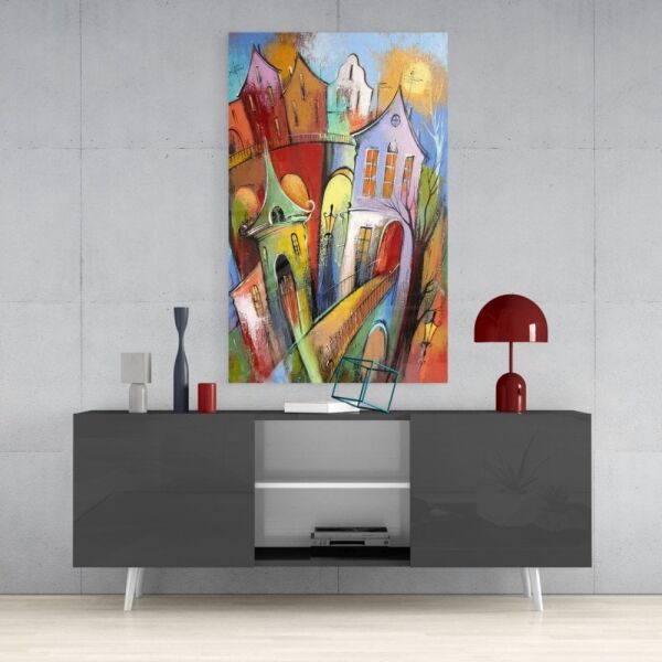 Renkli Evler Cam Tablo