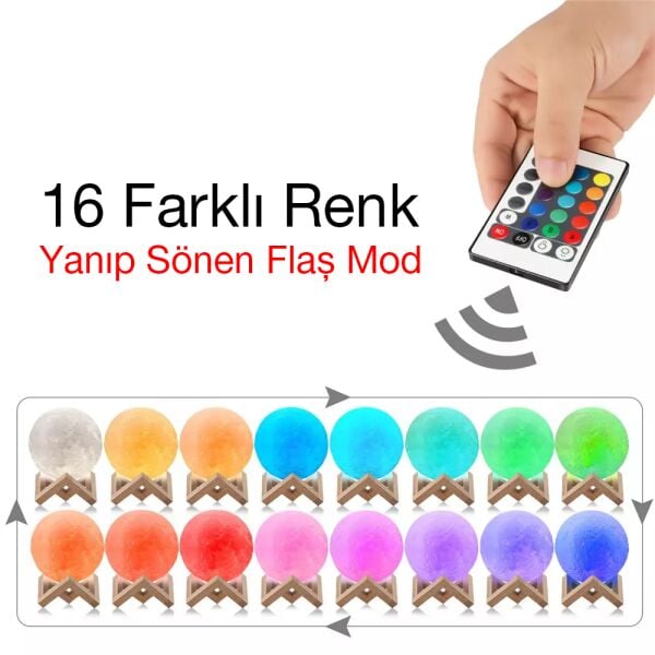 3D Dekoratif Ay Lambası (Uzaktan Kumandalı) 16 Renk
