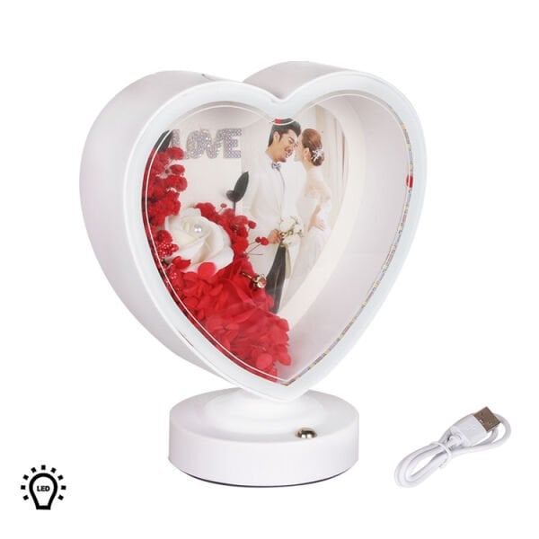 3D Led Işıklı Çiçek Aranjmanlı Kalpli Fotoğraf Çerçevesi 20x23 cm