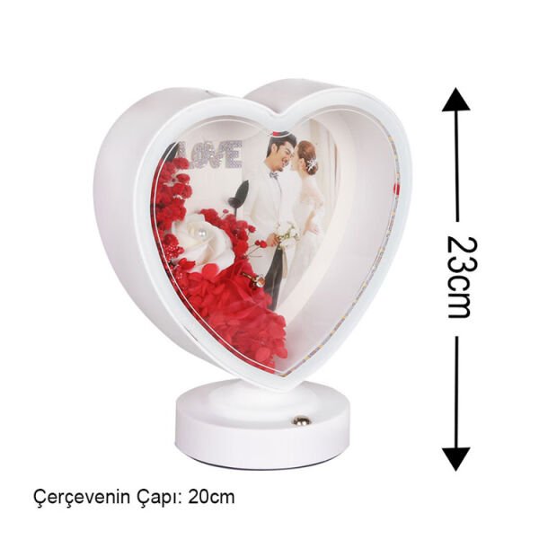 3D Led Işıklı Çiçek Aranjmanlı Kalpli Fotoğraf Çerçevesi 20x23 cm
