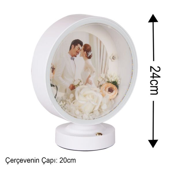 3D Led Işıklı Çiçek Aranjmanlı Yuvarlak Fotoğraf Çerçevesi 20x23 cm