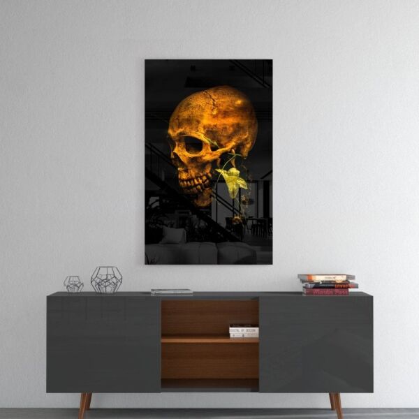 Çiçek ve Kafatası Cam Tablo