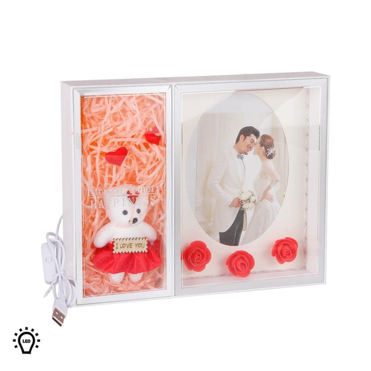 3D Led Işıklı Güllü Ayıcıklı Fotoğraf Çerçevesi 28x23 cm