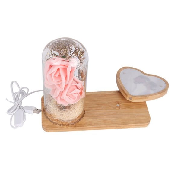 Ledli Fanuslu Pembe Güllü Ahşap Fotoğraf Çerçevesi 21x18 cm