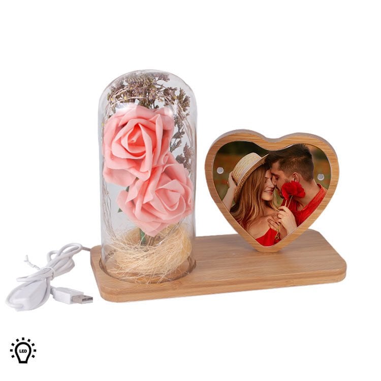 Ledli Fanuslu Pembe Güllü Ahşap Fotoğraf Çerçevesi 21x18 cm