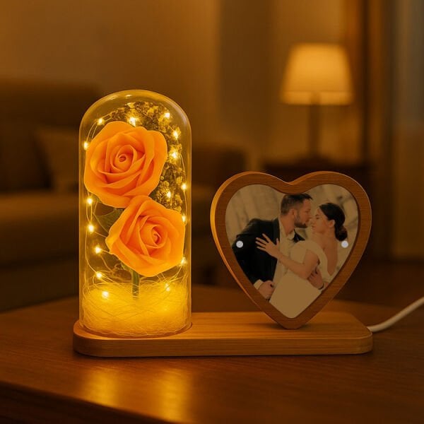 Ledli Fanuslu Pembe Güllü Ahşap Fotoğraf Çerçevesi 21x18 cm