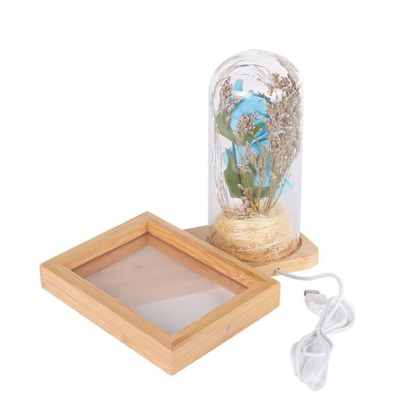 Ledli Fanuslu Mavi Güllü Ahşap Fotoğraf Çerçevesi 21x18 cm