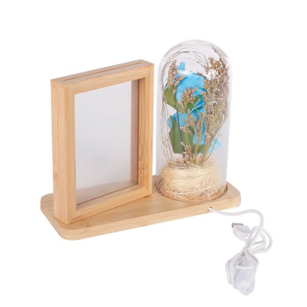 Ledli Fanuslu Mavi Güllü Ahşap Fotoğraf Çerçevesi 21x18 cm