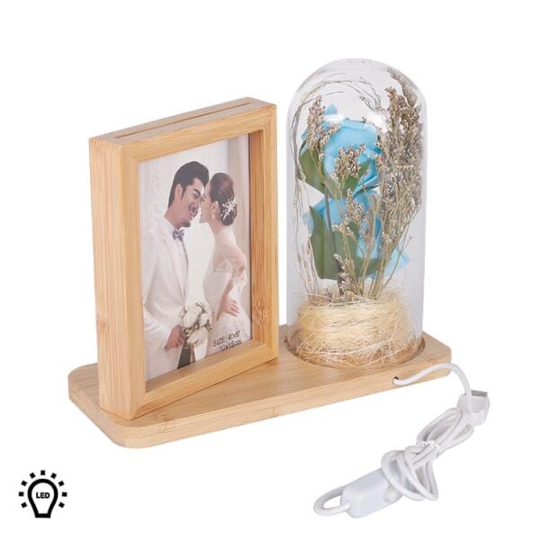 Ledli Fanuslu Mavi Güllü Ahşap Fotoğraf Çerçevesi 21x18 cm