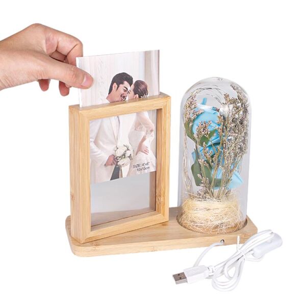 Ledli Fanuslu Mavi Güllü Ahşap Fotoğraf Çerçevesi 21x18 cm