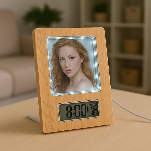 Sihirli Led Ayna Bambu Fotoğraf Çerçevesi Saatli 15x20 cm