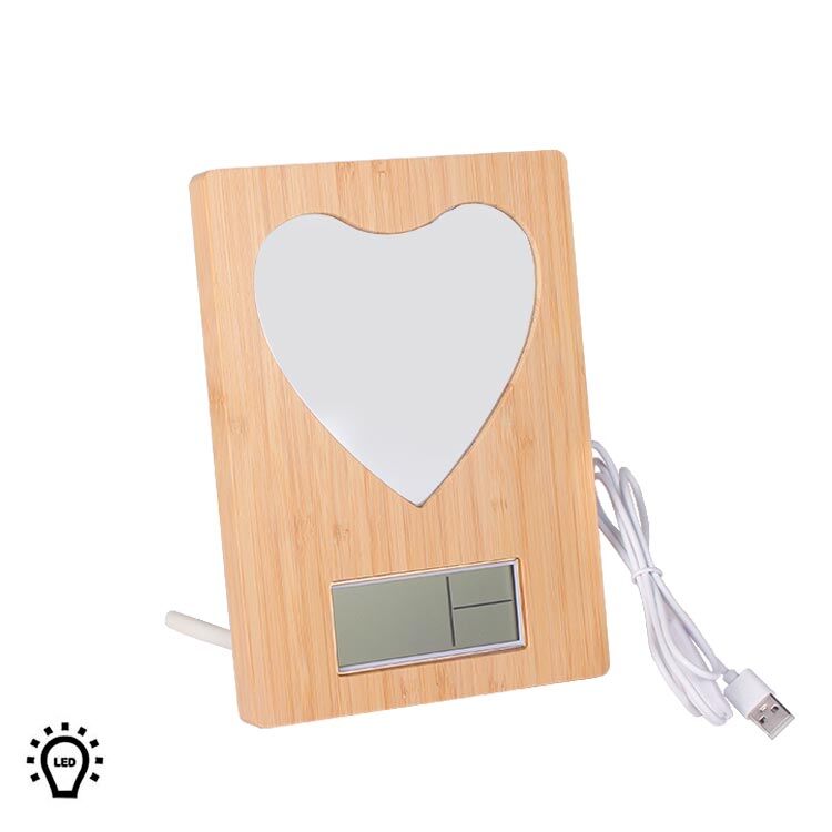 Sihirli Led Ayna Bambu Kalpli Fotoğraf Çerçevesi Saatli 15x20 cm