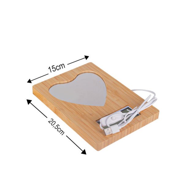 Sihirli Led Ayna Bambu Kalpli Fotoğraf Çerçevesi Saatli 15x20 cm