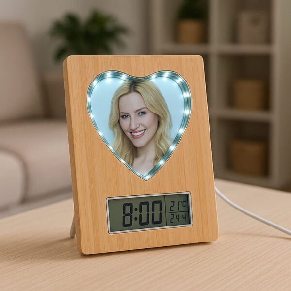 Sihirli Led Ayna Bambu Kalpli Fotoğraf Çerçevesi Saatli 15x20 cm