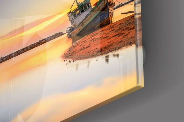 Sahilde Gemi Cam Tablo