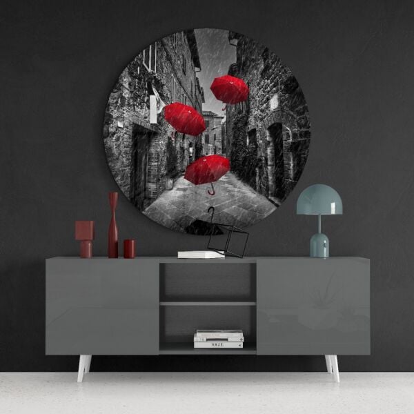 Kırmızı Şemsiyeler Cam Tablo