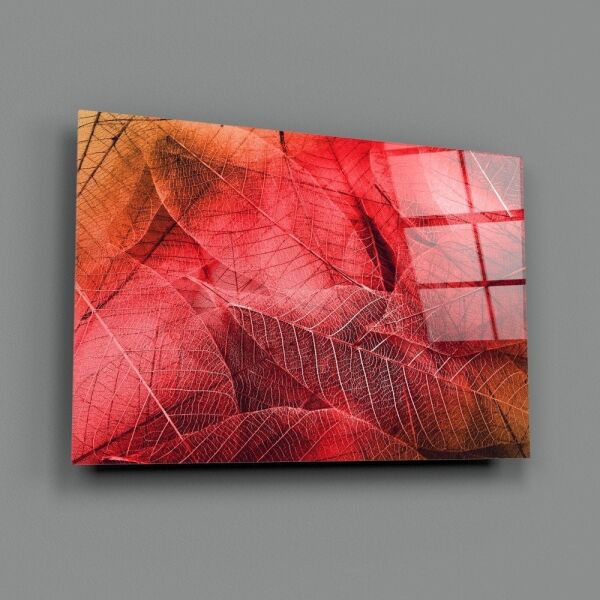Makro Kırmızı Yaprak Cam Tablo