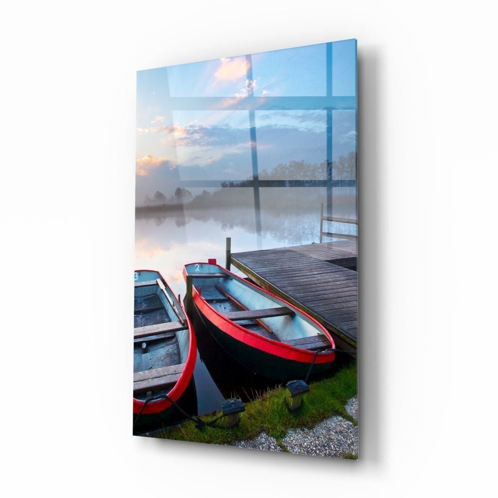 Göl ve Kayıklar Manzara Cam Tablo