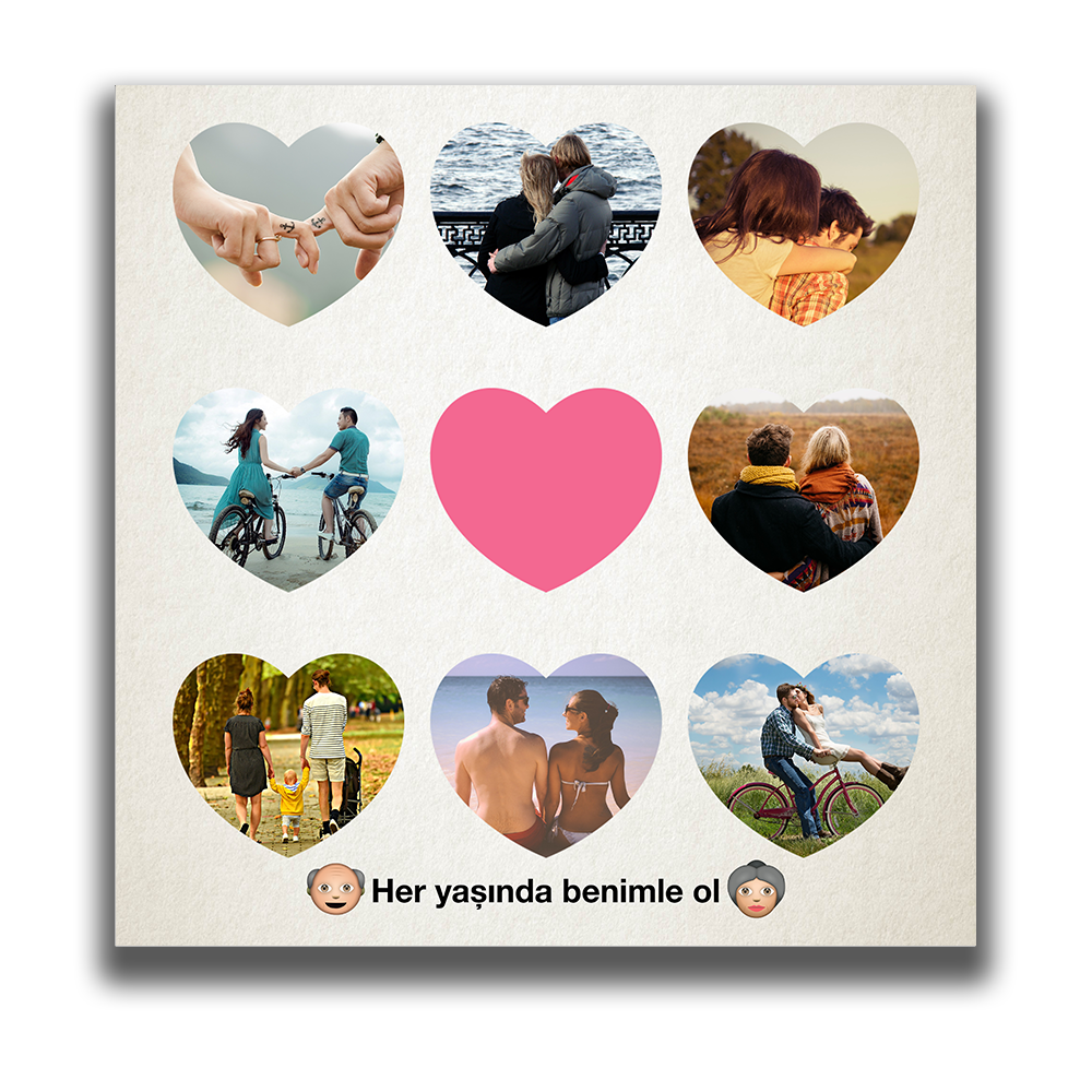 Kişiye Özel 9 Fotoğraflı Kalpli ve Notlu Kare Kanvas Tablo