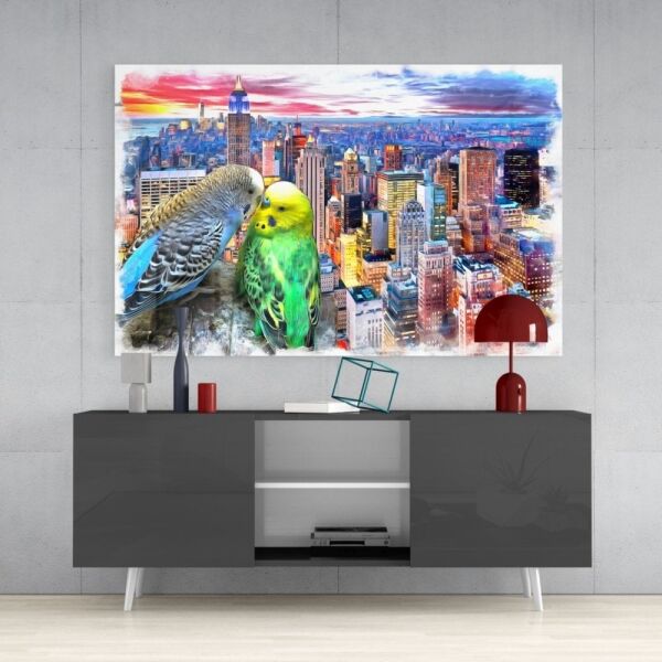 Muhabbet Kuşları Cam Tablo