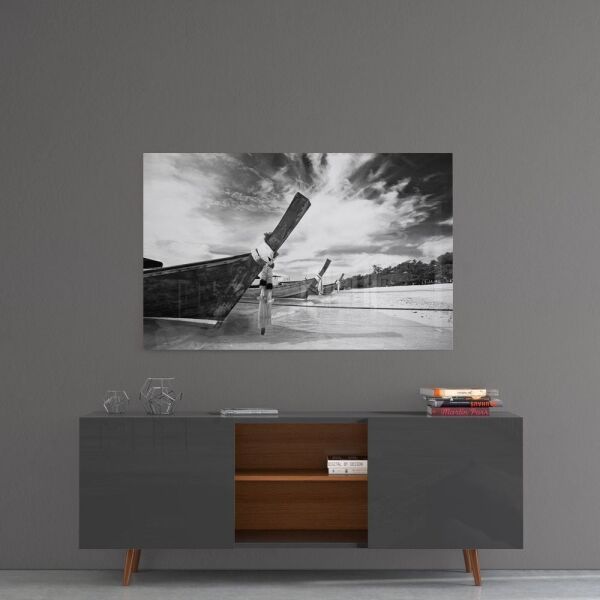 Sahildeki Kayıklar Cam Tablo