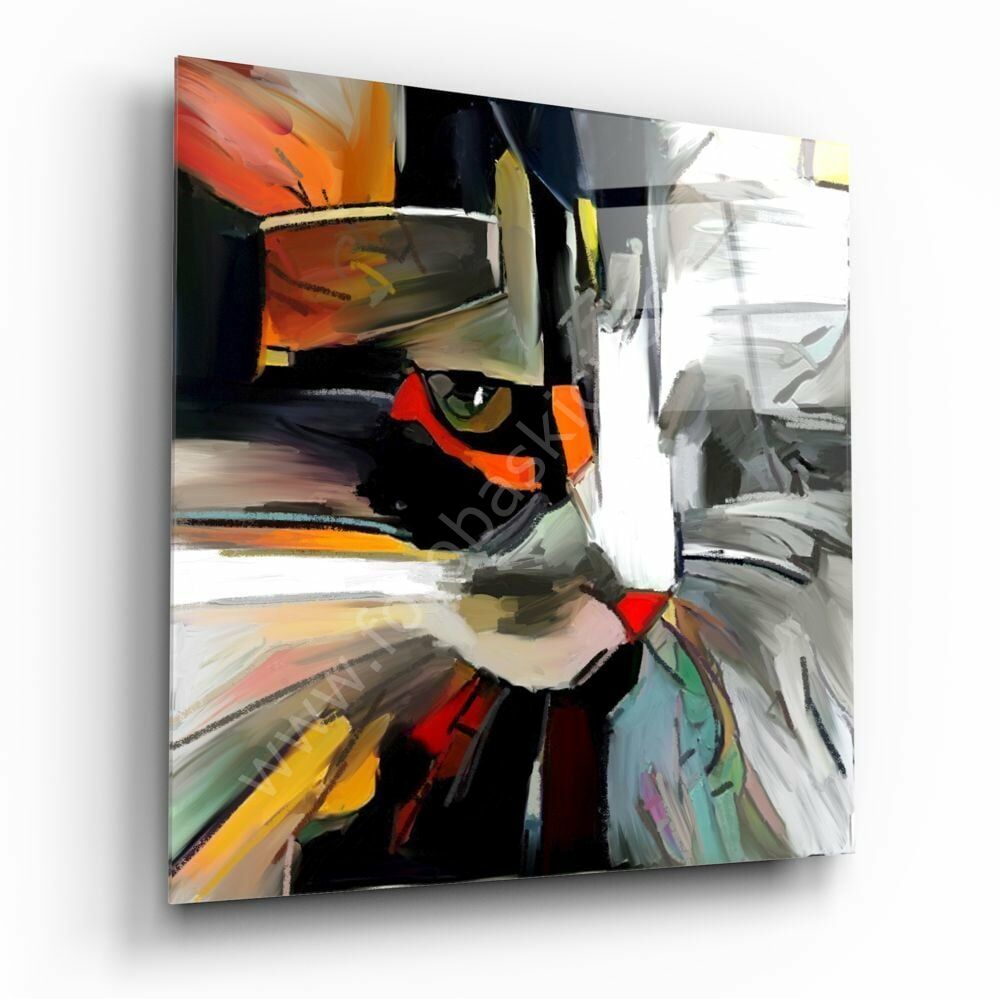 Soyut Kedi Cam Tablo No:2072 100x100 cm
