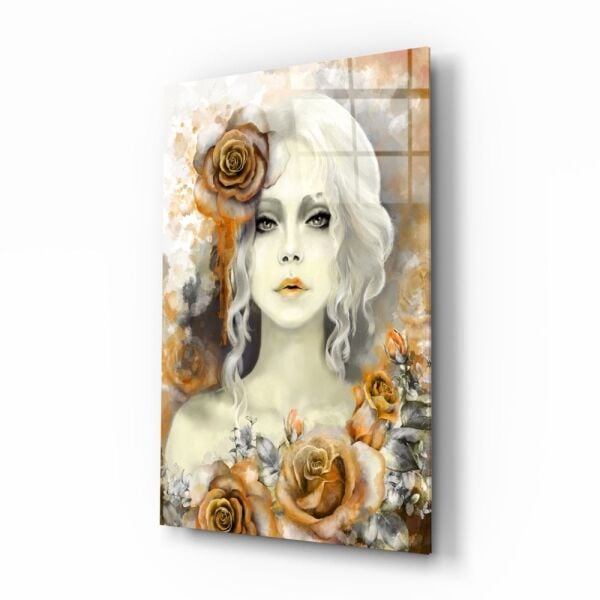 Sarı Gül ve Kadın Cam Tablo