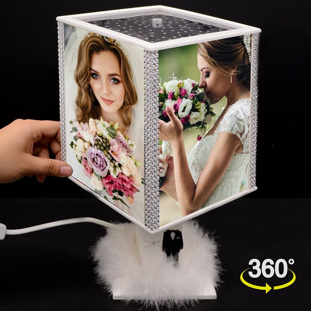 Tüy Süslemeli Gelin Damat Figürlü Fotoğraflı Dönen Abajur