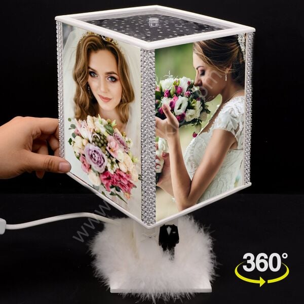 Tüy Süslemeli Gelin Damat Figürlü Fotoğraflı Dönen Abajur