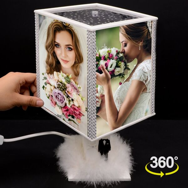 Tüy Süslemeli Gelin Damat Figürlü Fotoğraflı Dönen Abajur