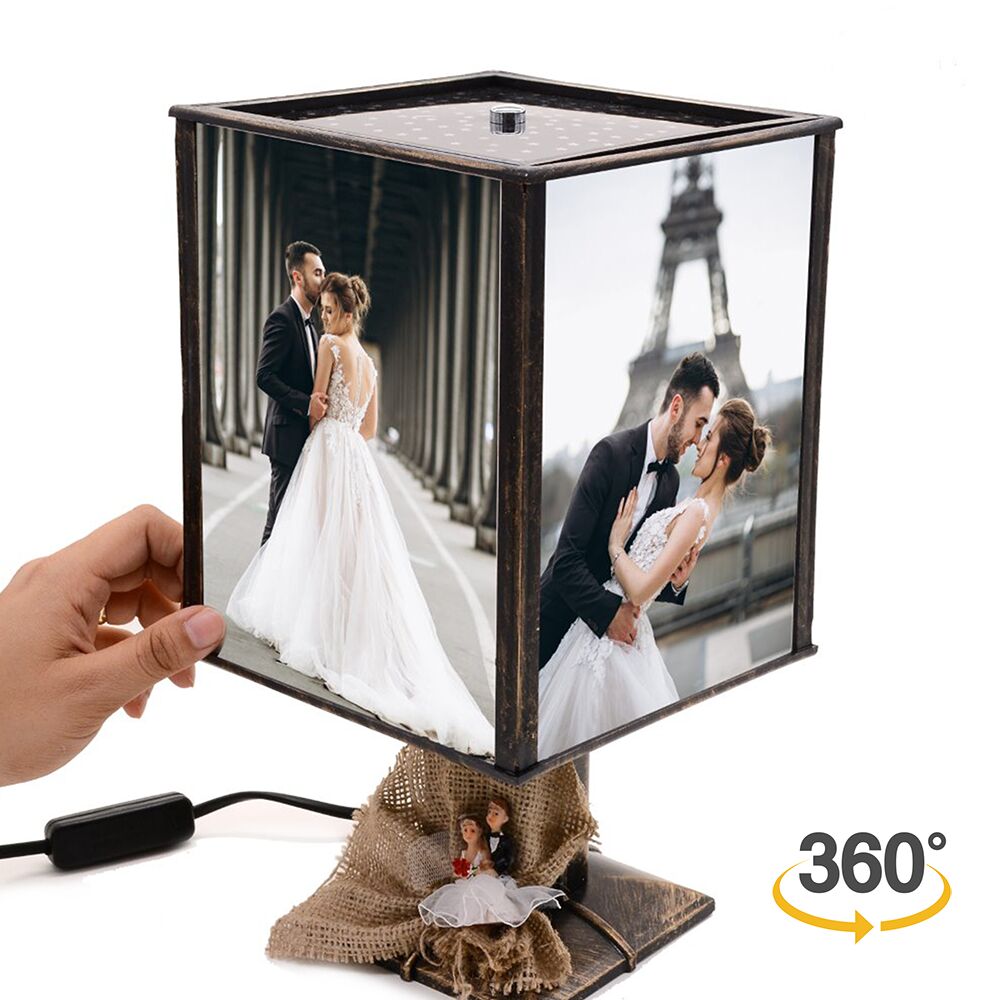 Eskitme Görünümlü Gelin Damat Figürlü Fotoğraflı Dönen Abajur