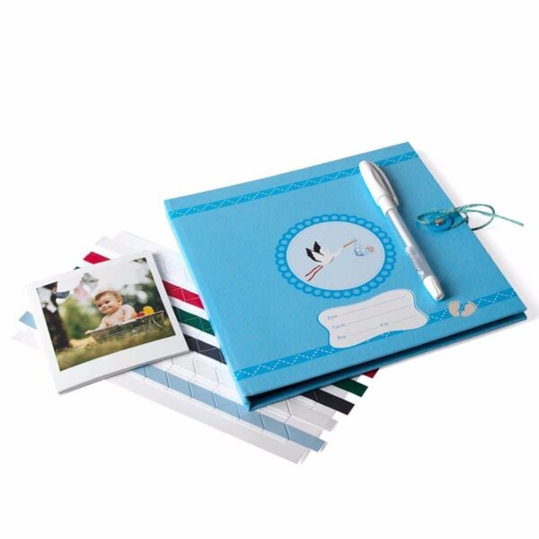 Leylek Figürlü Erkek Bebek Siyah Anı Defteri Seti 20x20 cm