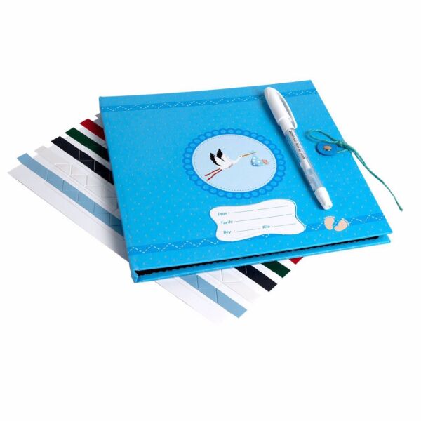 Leylek Figürlü Erkek Bebek Siyah Anı Defteri Seti 20x20 cm