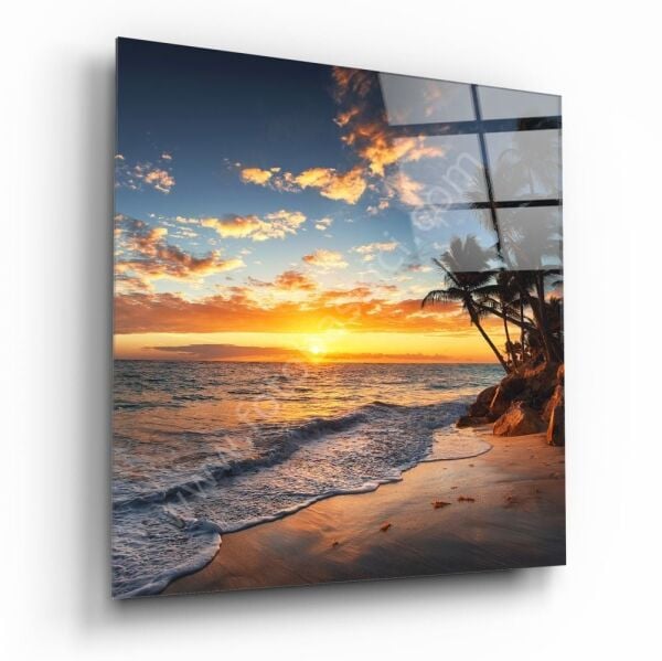 Sahilde Gün Batımı Cam Tablo No:1121