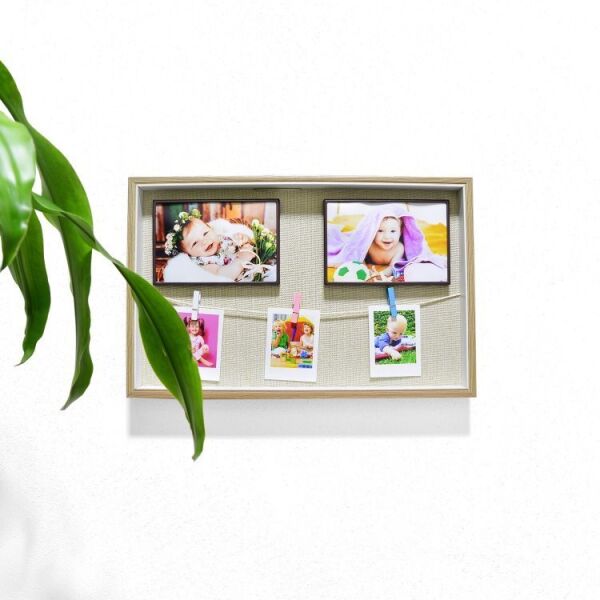 5 Fotoğraflı İpli Mandallı Ahşap Kendin Yap Magnet Anı Çerçevesi 27x47 cm