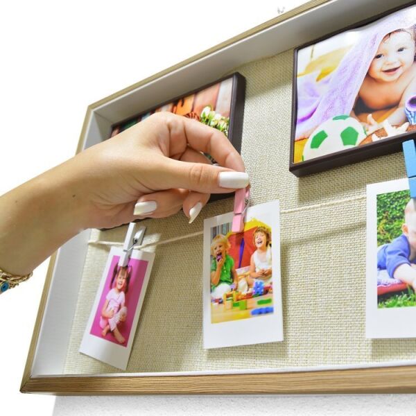 5 Fotoğraflı İpli Mandallı Ahşap Kendin Yap Magnet Anı Çerçevesi 27x47 cm