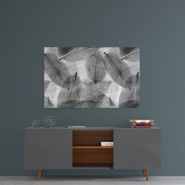 Siyah-Beyaz Yapraklar Cam Tablo